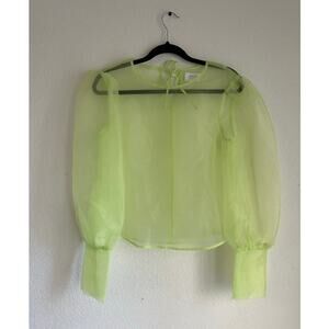 Grey Lab Sheer Neon Green Long Sleeve Keyhole Back Tie Closure Blouse Size Large